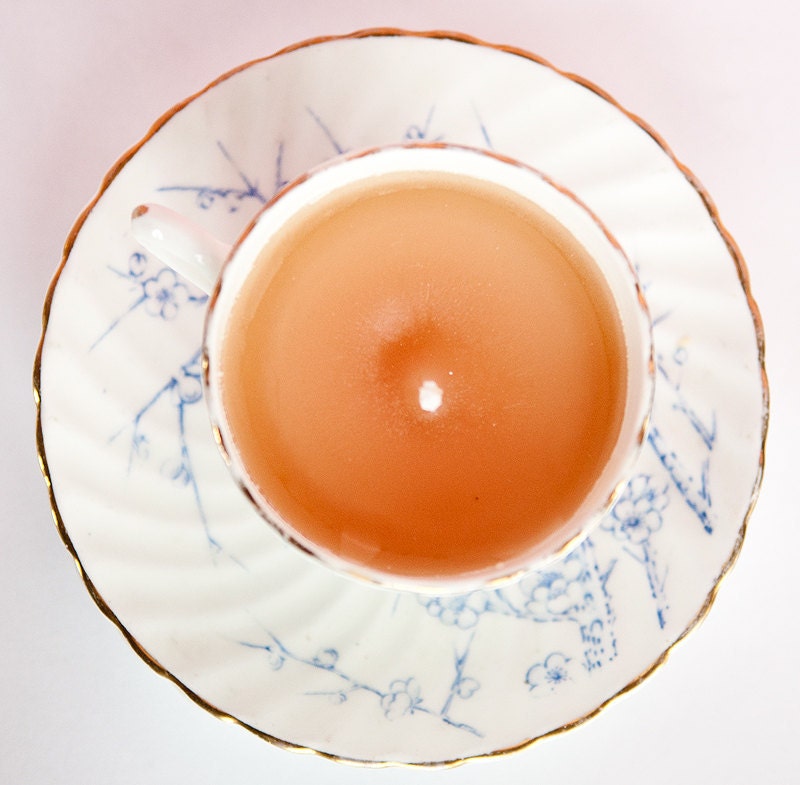 White and Blue flowers on twigs vintage tea cup candle and