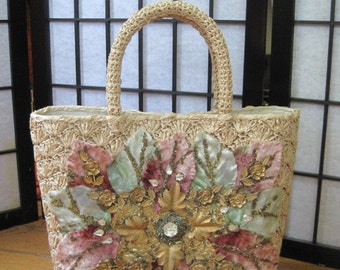 Vintage Straw Tote Bag Handbag with Leaves Metallic Gold Flowers ...