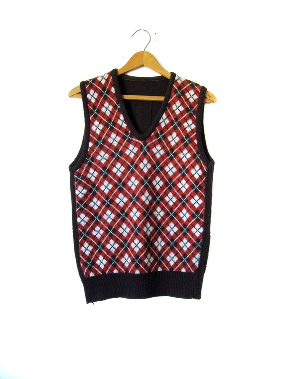 Vintage Sweater Vest Rust Brown Plaid Men's Medium