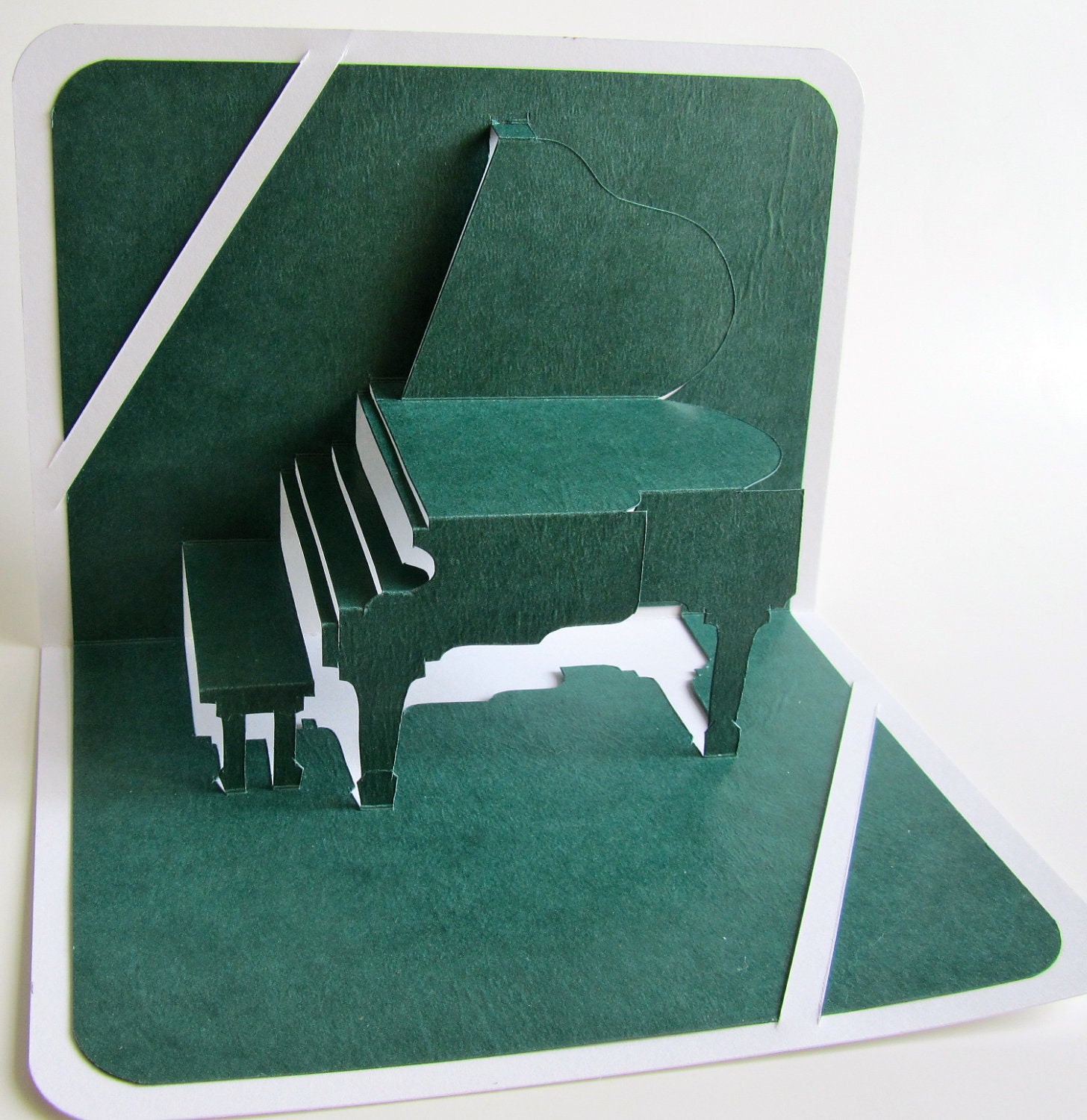 GRAND PIANO 3D Pop Up Card Origamic Architecture Home Decoration Handmade Handcut in Forest Green and White