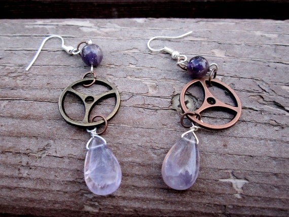 SALE - Steampunk Mixed Metal Gear & Amethyst Earrings SALE - Steampunk Mixed Metal Gear & Amethyst Earrings