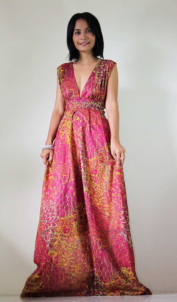 Peacock Maxi Dress Boho Sexy Plunging V-neck Long Evening