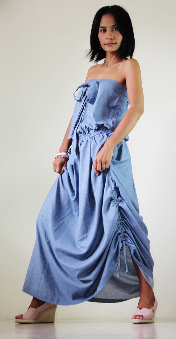 Denim Maxi Dress Long Light Blue Cotton Stonewashed Summer Sun