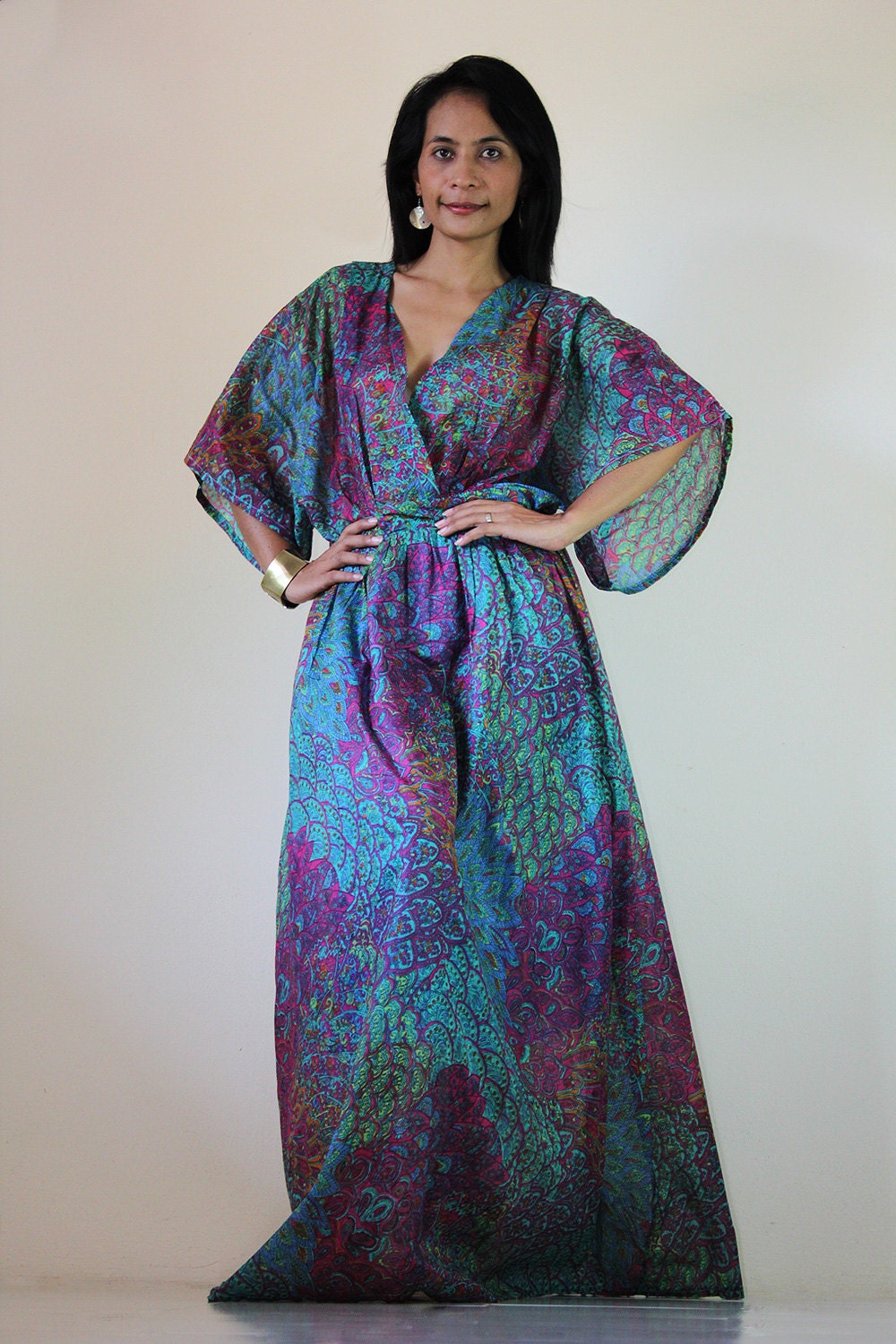 Peacock Kimono Dress Women Kaftan Maxi Dress : Boho by Nuichan