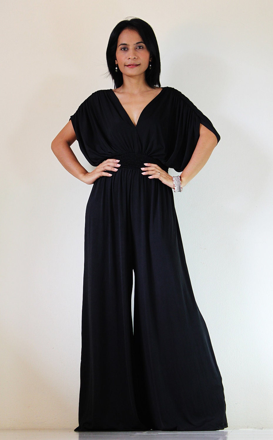 Black Jumpsuit Jumper Maxi Dress with Kimono Top : by Nuichan