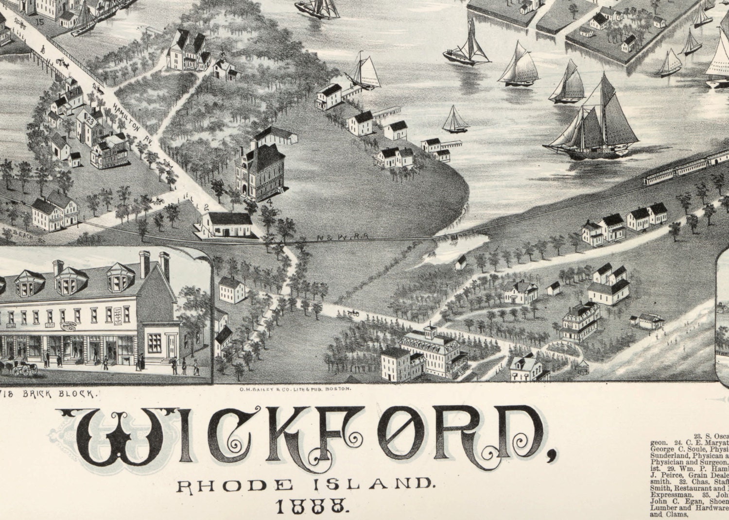 1888 Wickford Rhode Island City View Survey MAP Boats
