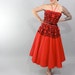 1950s Vintage Dress...Rockabilly Red Taffeta Bustier Style Shelf Bust Strapless Party Dress Black Embroidered Trim