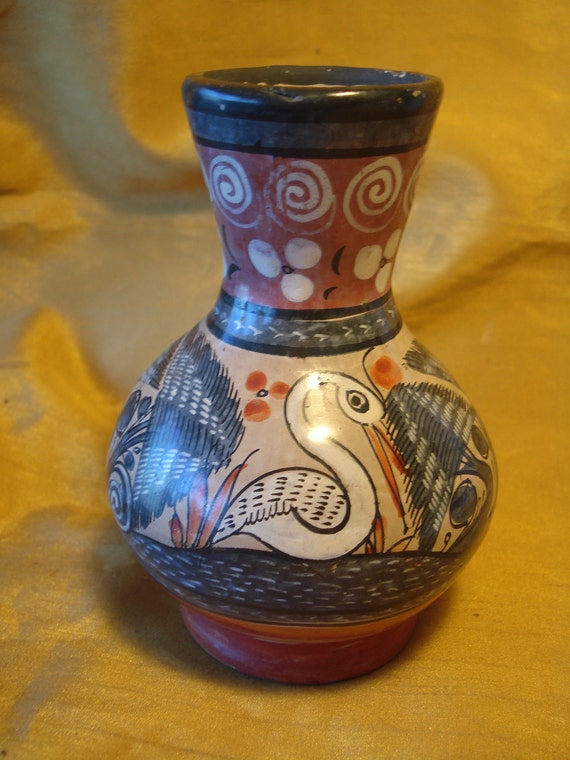 TONALA Jalisco Mexican Pottery Vase w/ Painted Swan Signed