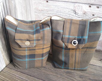 Plaid Gift Bags Reusable Winter Brown Turquoise Black Gold Holiday Christmas Modern Traditional (set of 2) --US Shipping Included