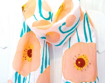 Summer Scarf Pattern, Floral Summer Scarf, Pink Silk Scarf, Peach Pink Poppy Meadow Scarf, Hand Painted Silk Scarf, 8x54 in. Made to order.