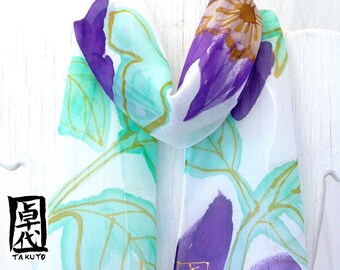 Silk Scarf Hand Painted, Mint Floral Scarf, Handmade Silk Scarf. Mint Green Purple Floral Chiffon. 8x54 inches. Made to Order.