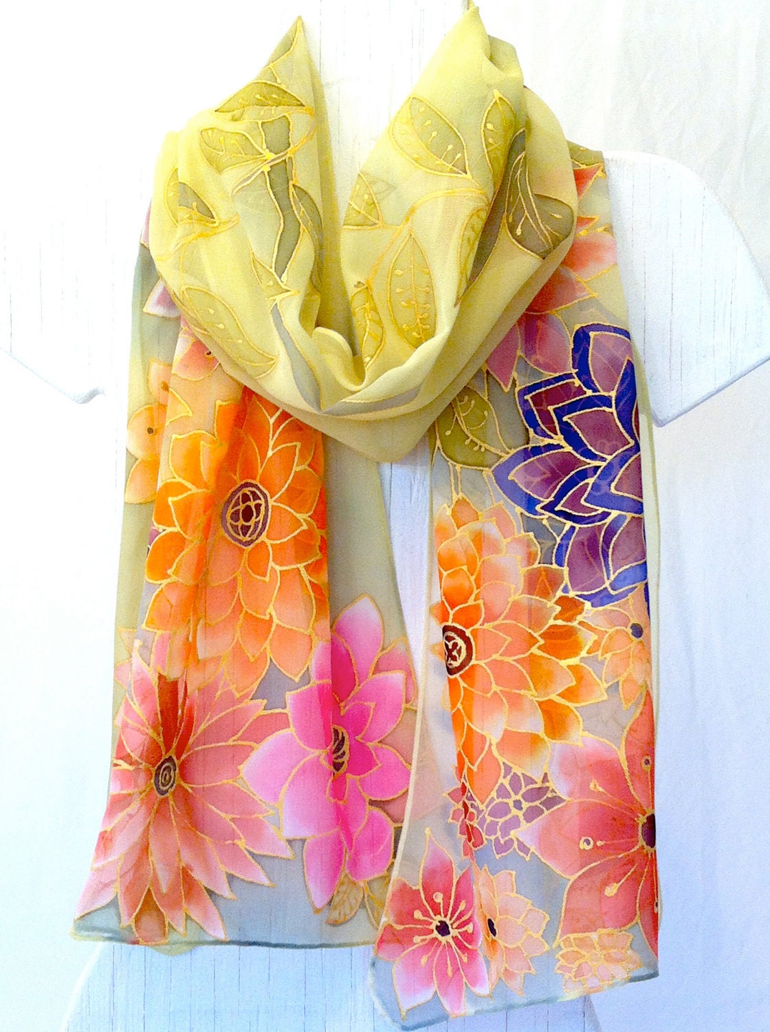 Hand Painted Silk Scarf. Japanese Floral Silk by SilkScarvesTakuyo