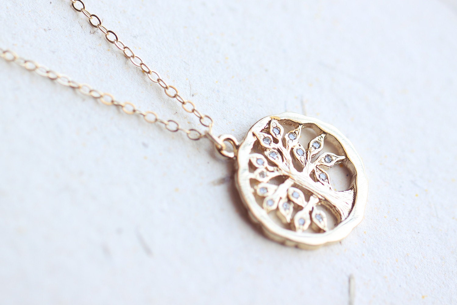 Family Tree Necklace gold oak tree pendant with crystal