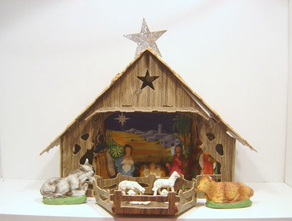 Vintage Christmas Lighted Nativity Cardboard Italy 13 Piece