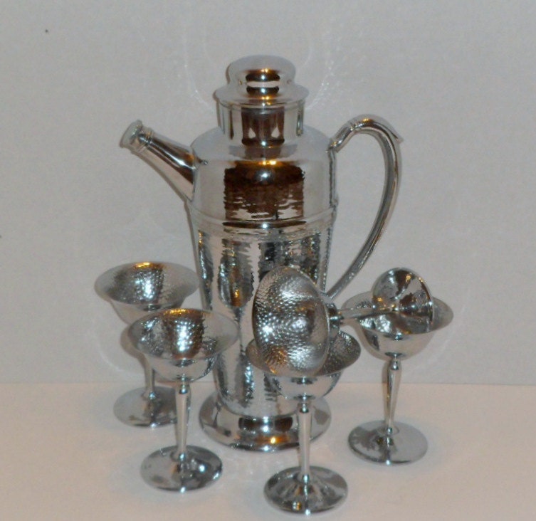 Vintage Hammered Chrome Cocktail Shaker & Stems Continental