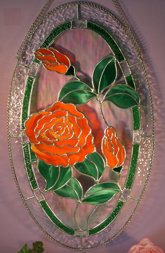 Stained Glass Oval Rose with Buds