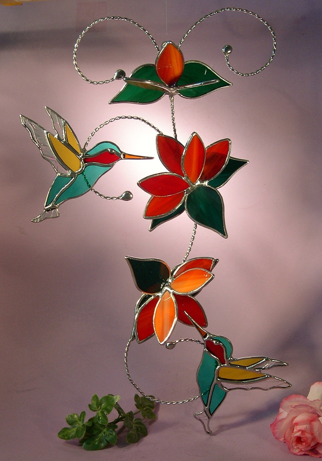 Stained Glass Hummingbirds With Flowers
