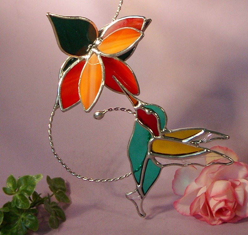 Stained Glass Hummingbirds with Flowers