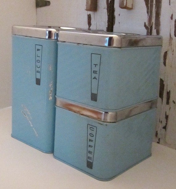 Robins Egg Blue Metal Canister Set of 3