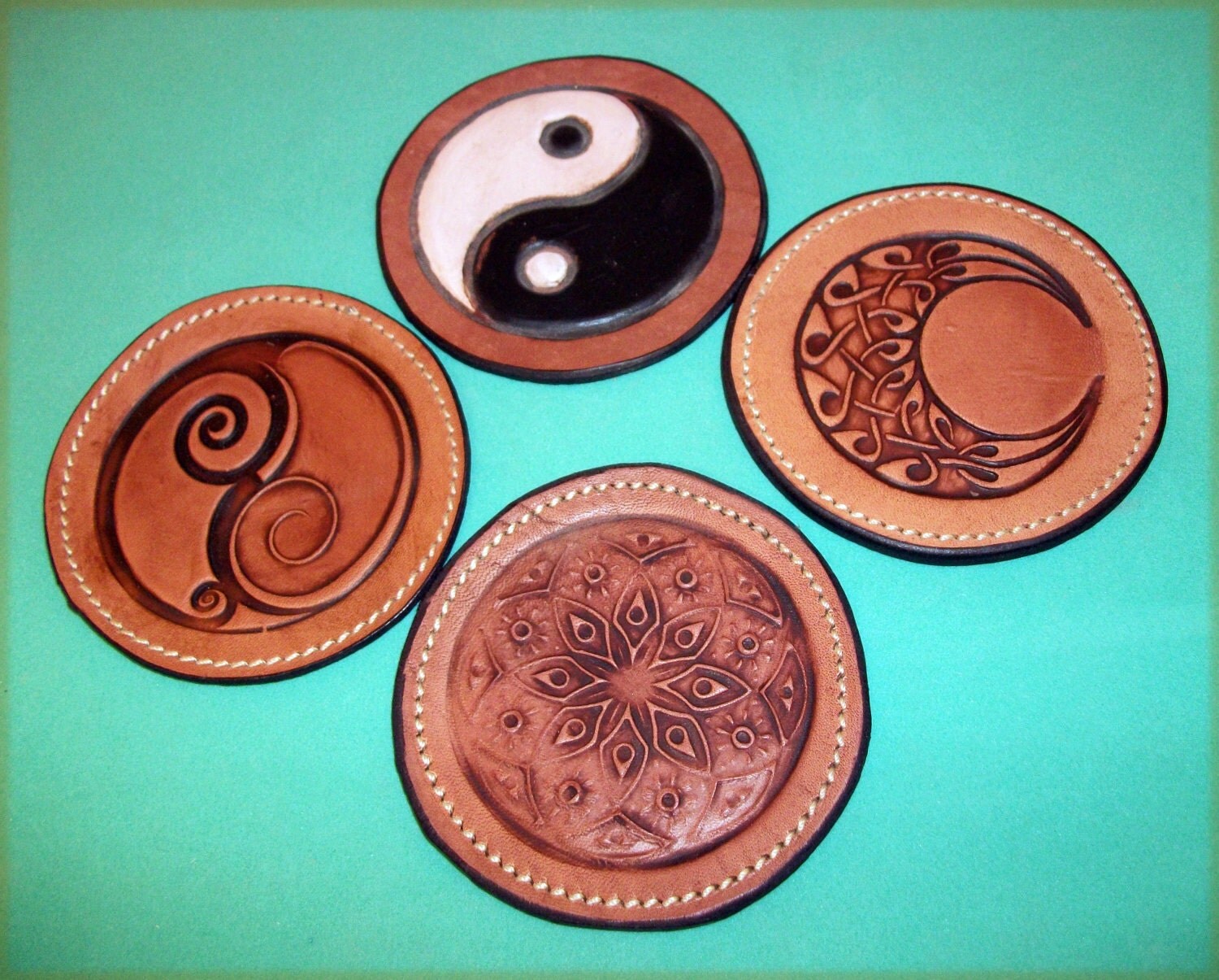 Set of 4 Ancient Symbols Leather Medallion Coasters or Patches