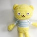 Crochet Amigurumi Teddy Bear/ Crochet Stuffed Yellow Bear Plushy Toy- Lemon Yellow Bear in Baby Blue and White Stripes Top