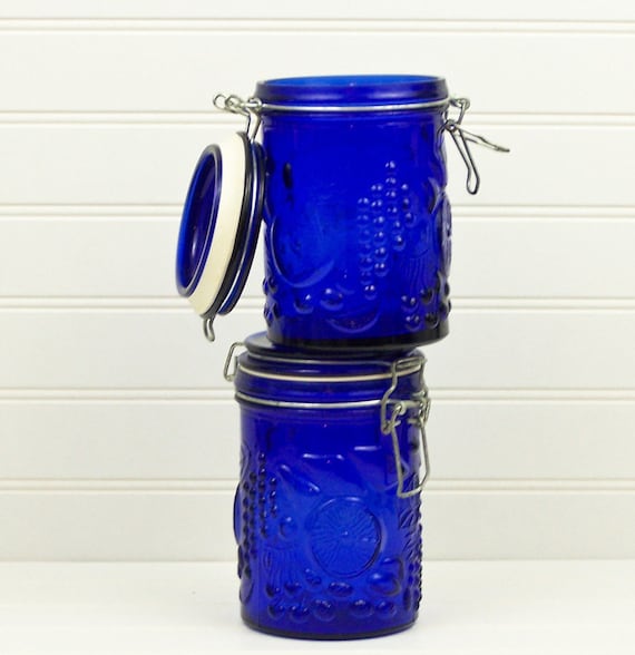 Vintage Cobalt Blue Jars Wire Bail Locking Lid