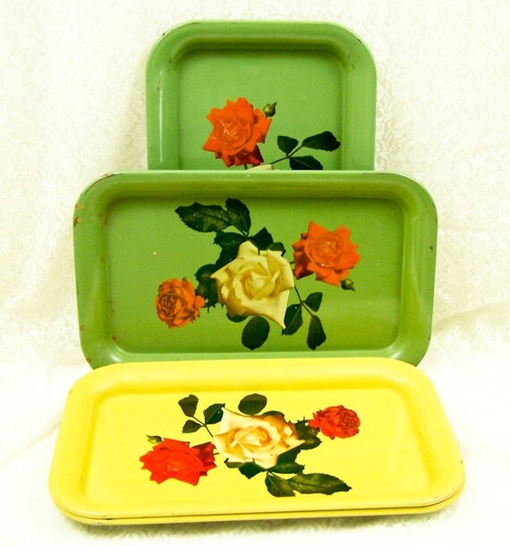 Items similar to Vintage Metal Serving Trays Yellow and Green Floral