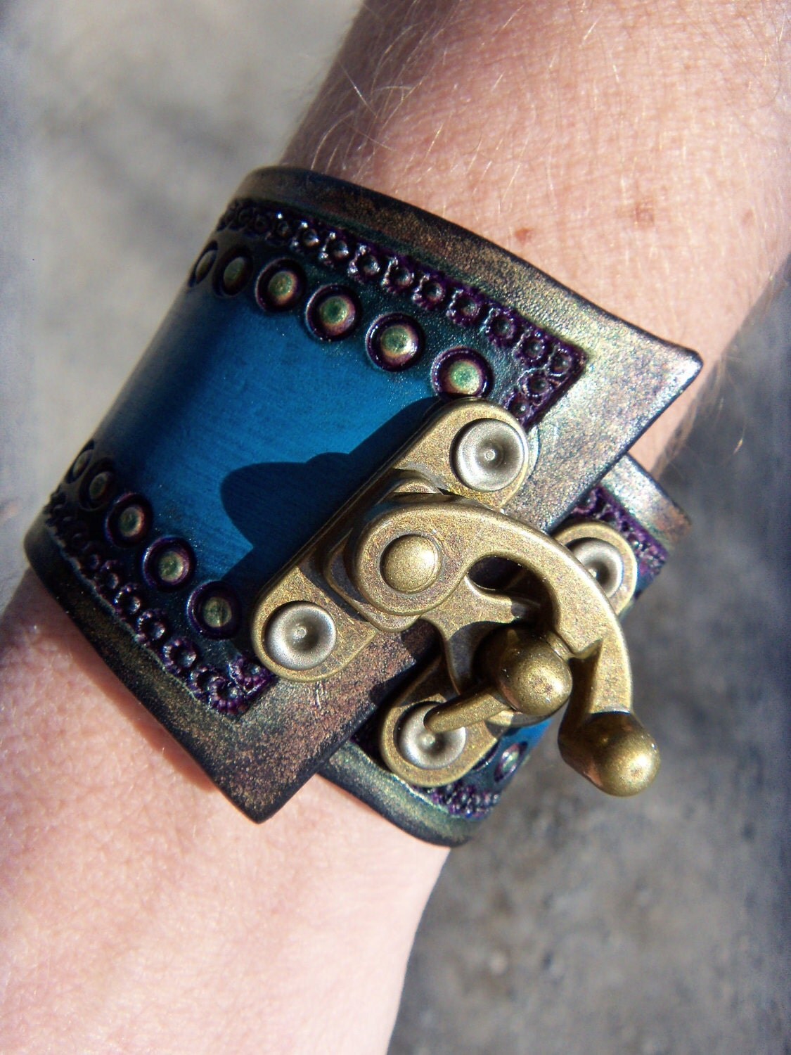 Tooled Leather Steampunk Wrist Cuff with Antiqued Brass Clasp