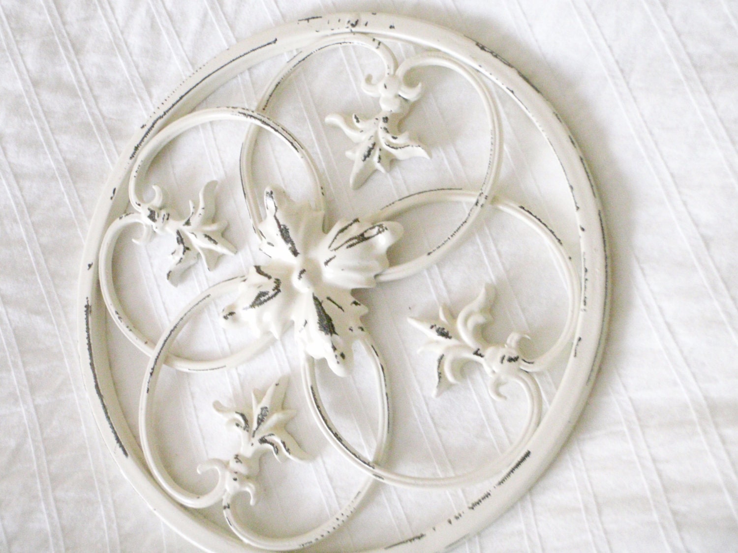 French Distressed White Metal Wall Plaque