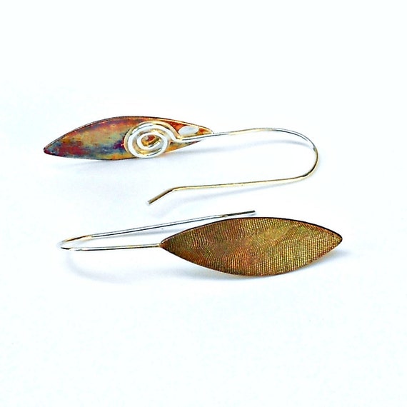 Asymmetrical Minimalist Leaf Earrings bronze silver