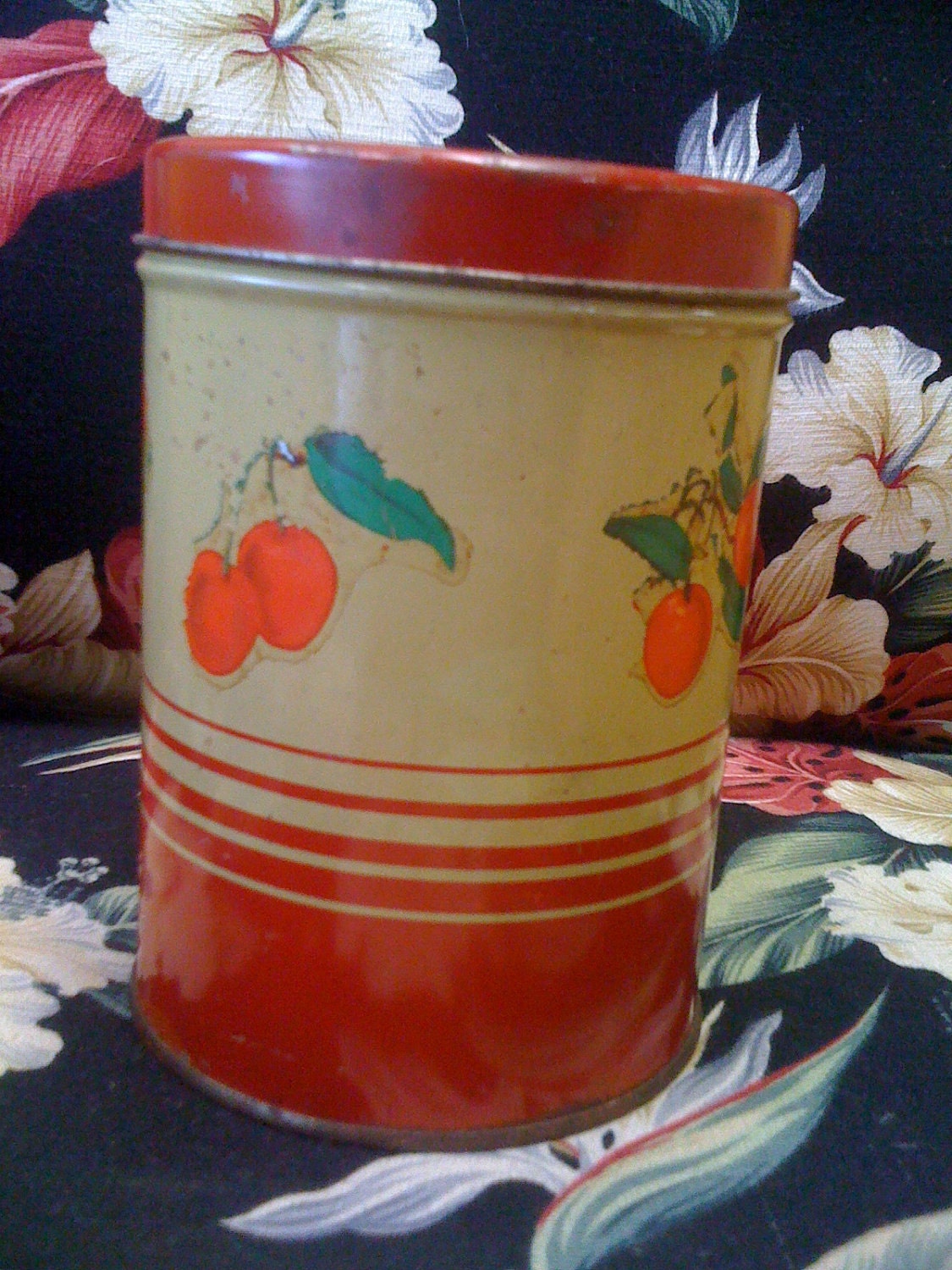 Cherries Jubilee Small Vintage Kitchen Tin Cherry Canister