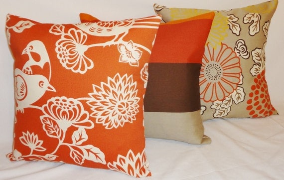 18x18 covers pillow Brown OUTDOOR Orange Pillow Mum Cover Stripe Pillow Bird Trio