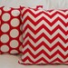 Two Pillow Covers Lipstick Red Zig Zag Chevron AND Dot Red & White Pillows 18x18