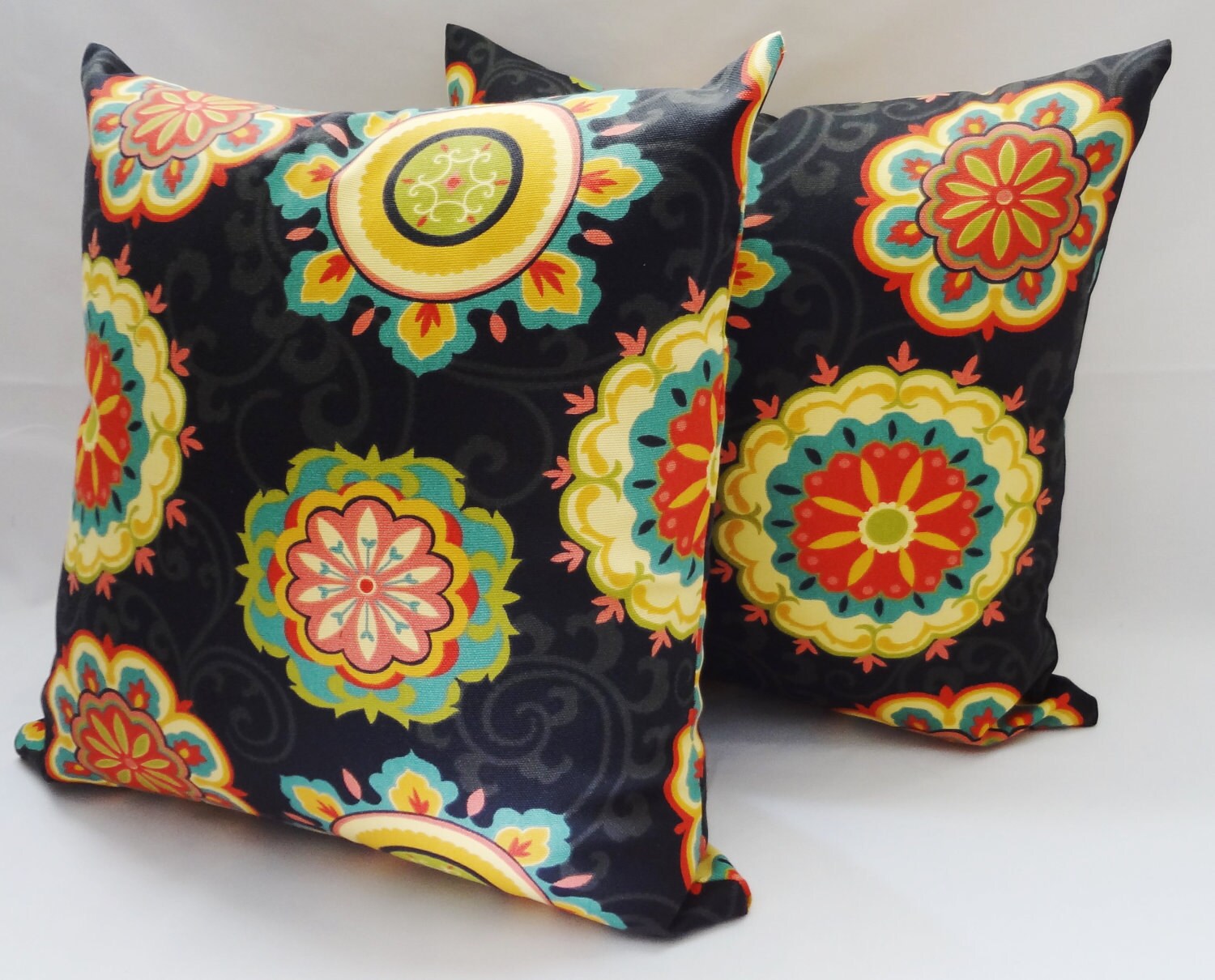 Two OUTDOOR Black Suzani Floral Burst Print Pillow by HomeLiving