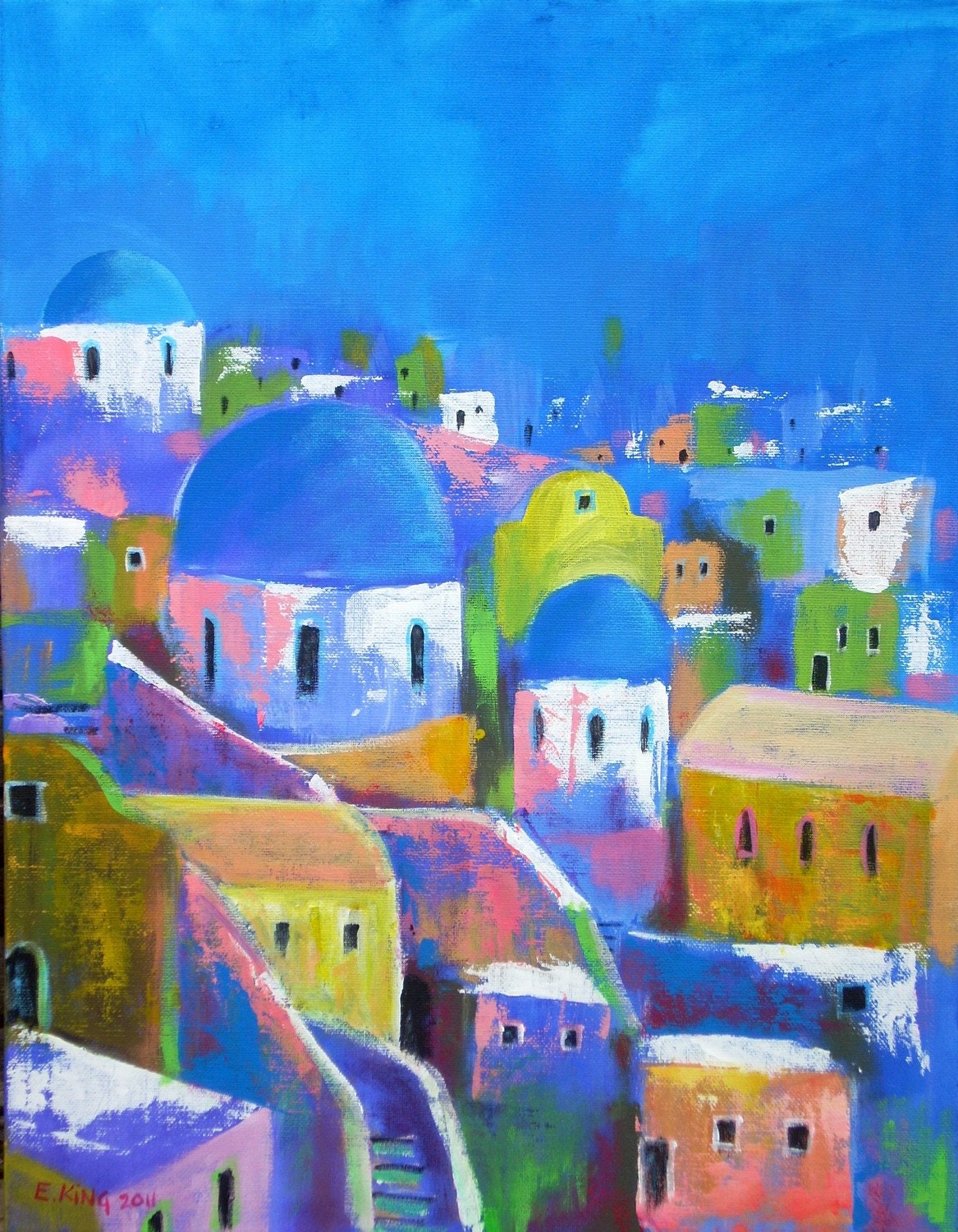 Original Landscape Painting Santorini Colourful Acrylics