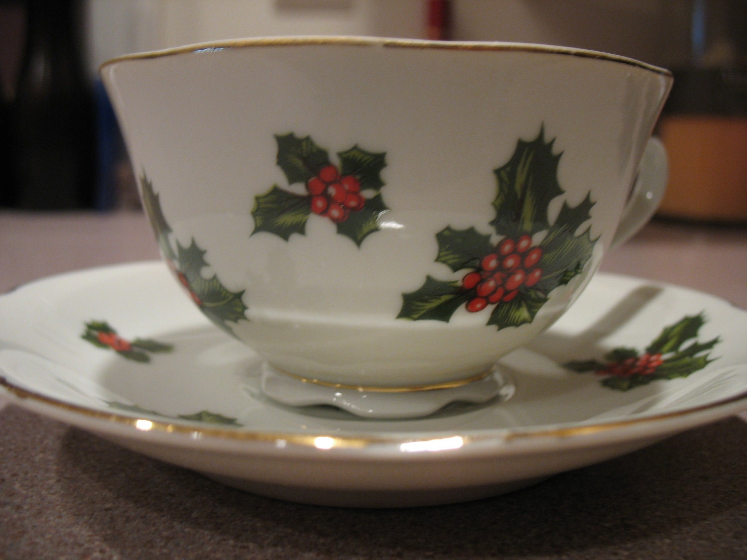 Vintage Lefton Holly and Berry Footed Tea Cup And Saucer Hand