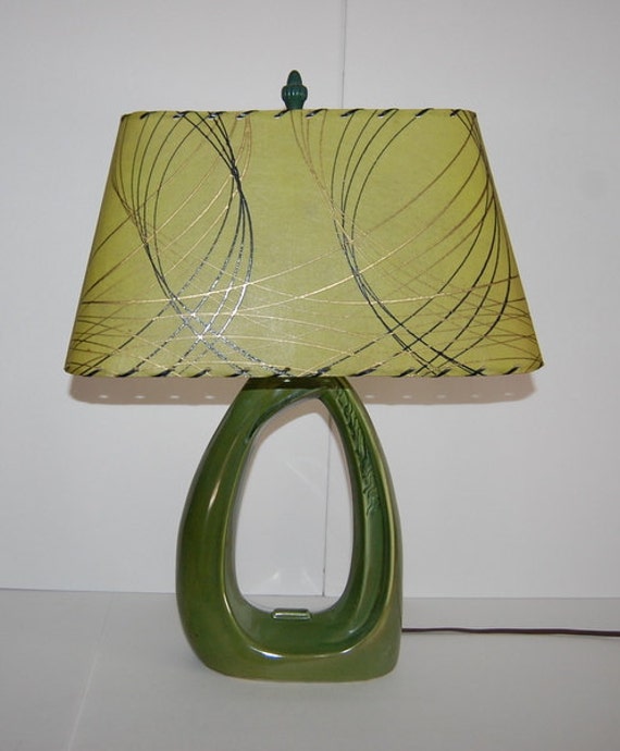 1950s Vintage Lamp Ceramic Green Fiberglass Atomic Shade Mid