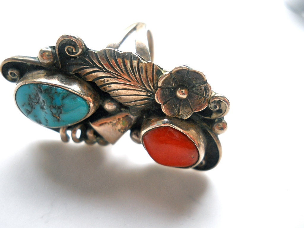 Vintage Ring Turquoise Coral Sterling Silver RBP Signed