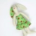 Stuffed animal bunny rabbit toy,white hare plush toy softie,child friendly bunny toy in cute green dress,hare - Gift idea for girls.