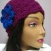 Womans Crochet Cloche Hat Wild Berry with Blue Flower Applique Embellishment Stylish, Chic, Trendy and Lacy Cap Handmade Fashion Accessory