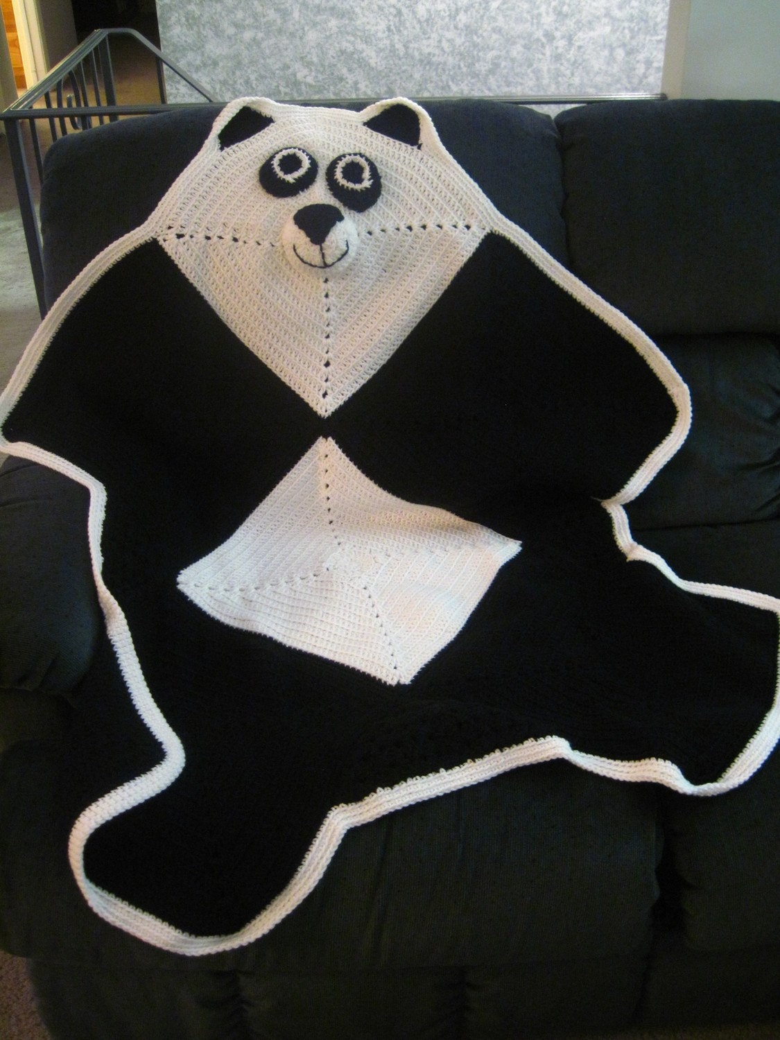 Crochet Panda Bear Blanket Afghan Black and White Baby and