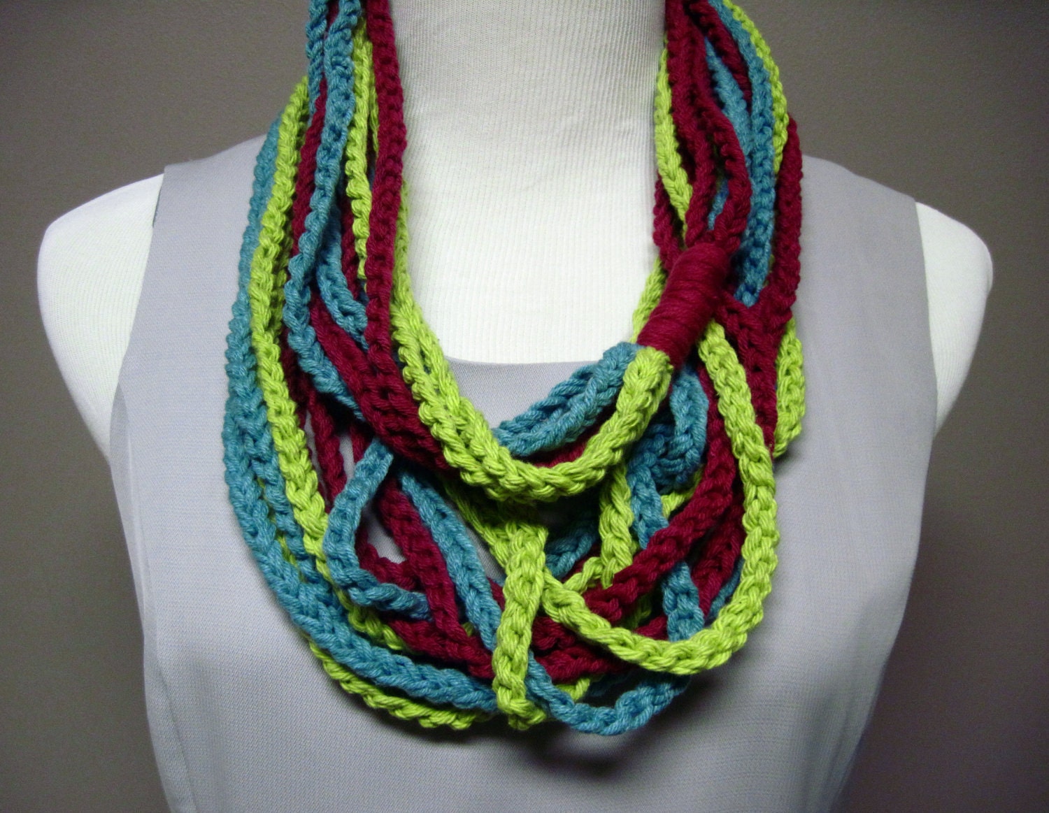 Infinity Crochet Scarf Cowl Cotton Necklace Lime Green