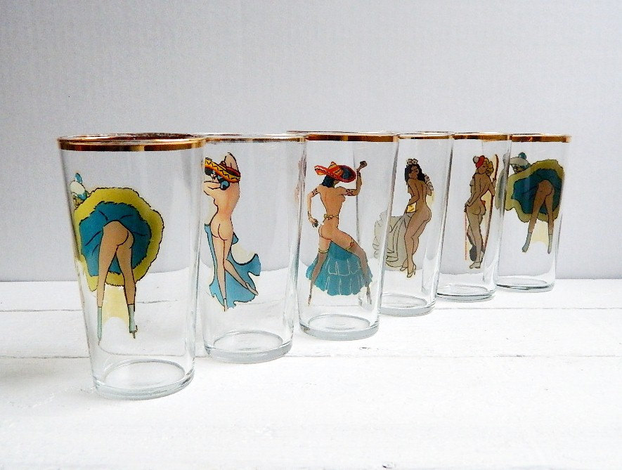 6 Vintage Pin Up Girlie Drinking Glasses Peekaboo Tumblers