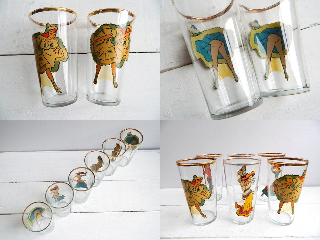 6 Vintage Pin Up Girlie Drinking Glasses Peekaboo Tumblers