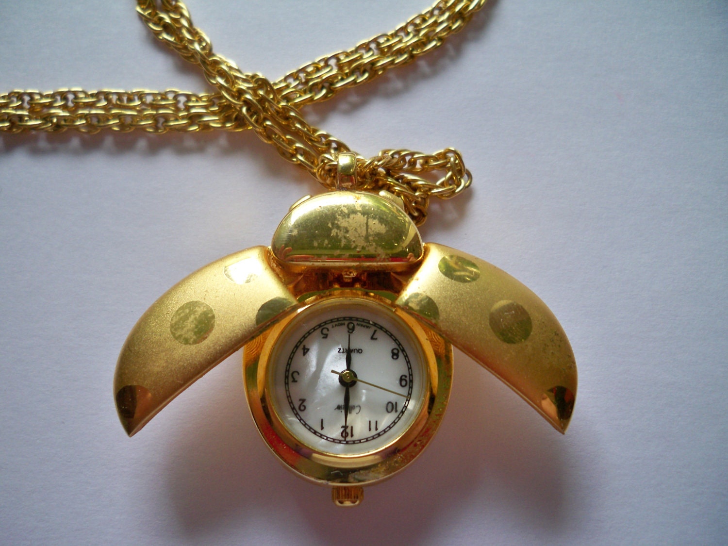 Ladybug Watch Locket Necklace Vintage Gold by eclecticnesting