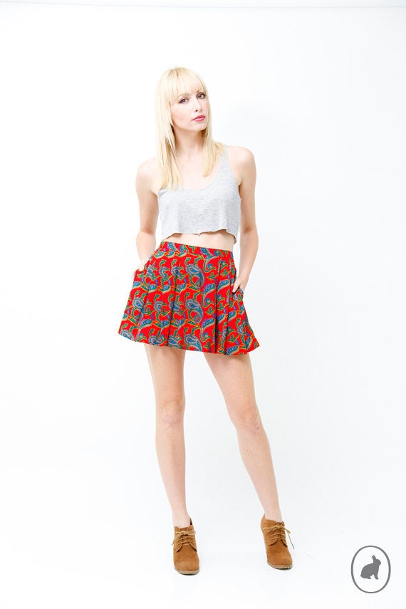 Vintage 80s Bright Red Paisley Mini Skirt Hip Pockets