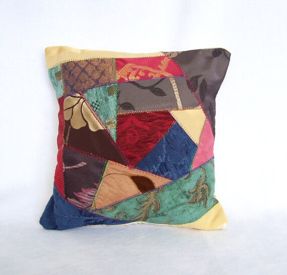 Items similar to Recycled crazy patchwork pillow, jewel colours, gold