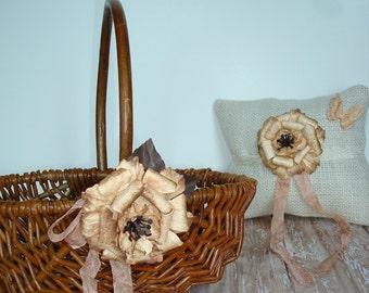 Wedding Flower Girl Basket And Ring Pillow Set-Peaches And Cream-Rustic-Fall-Country-Barn-Outdoor-Woodland Wedding