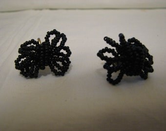 Jet Black Screw Back Earrings Beaded c.1915