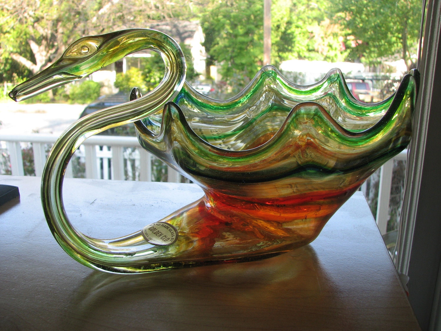 Mid Century Hand Made Art Glass Swan Bowl